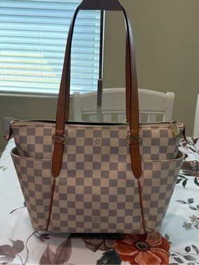 Louis Vuitton Totally PM Damier Azur Check Tote with Brown Leather Trim